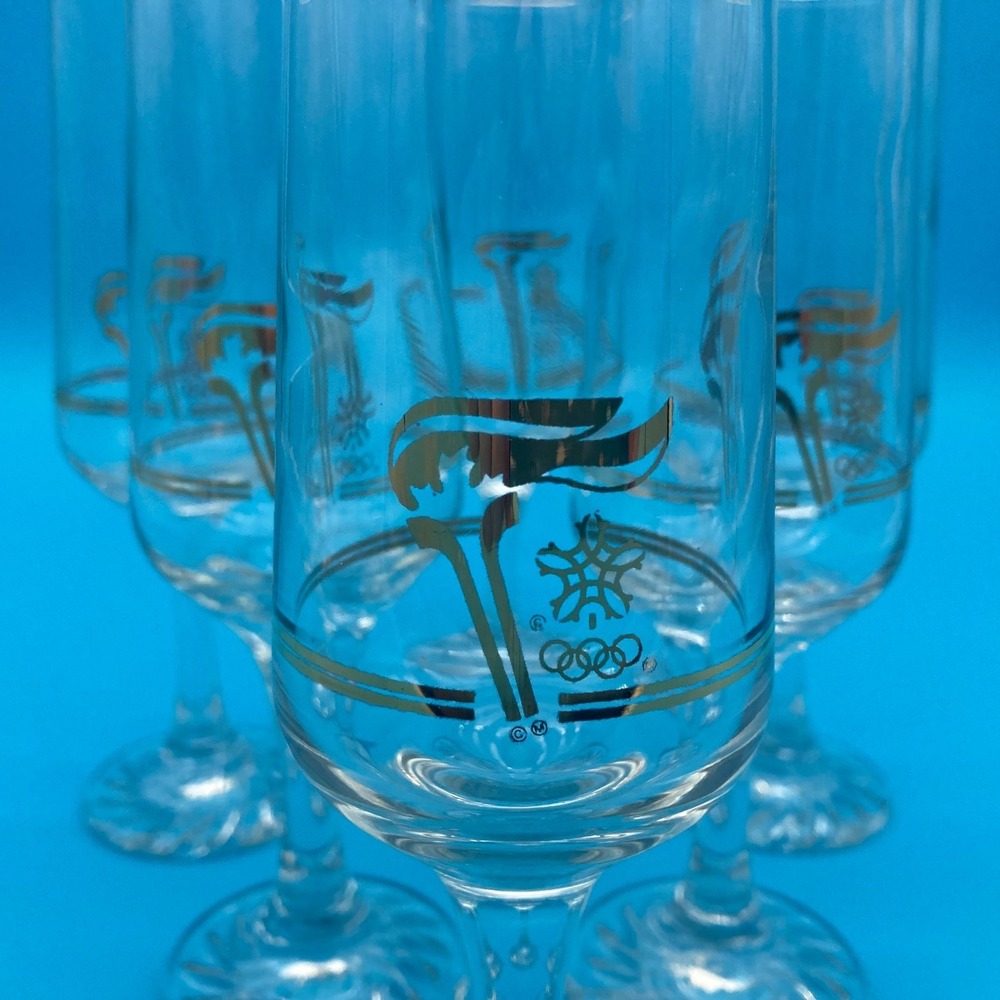 VTG 1988 Calgary Olympics Petro-Canada Champagne Flutes Set of 6 22K Gold Trim
